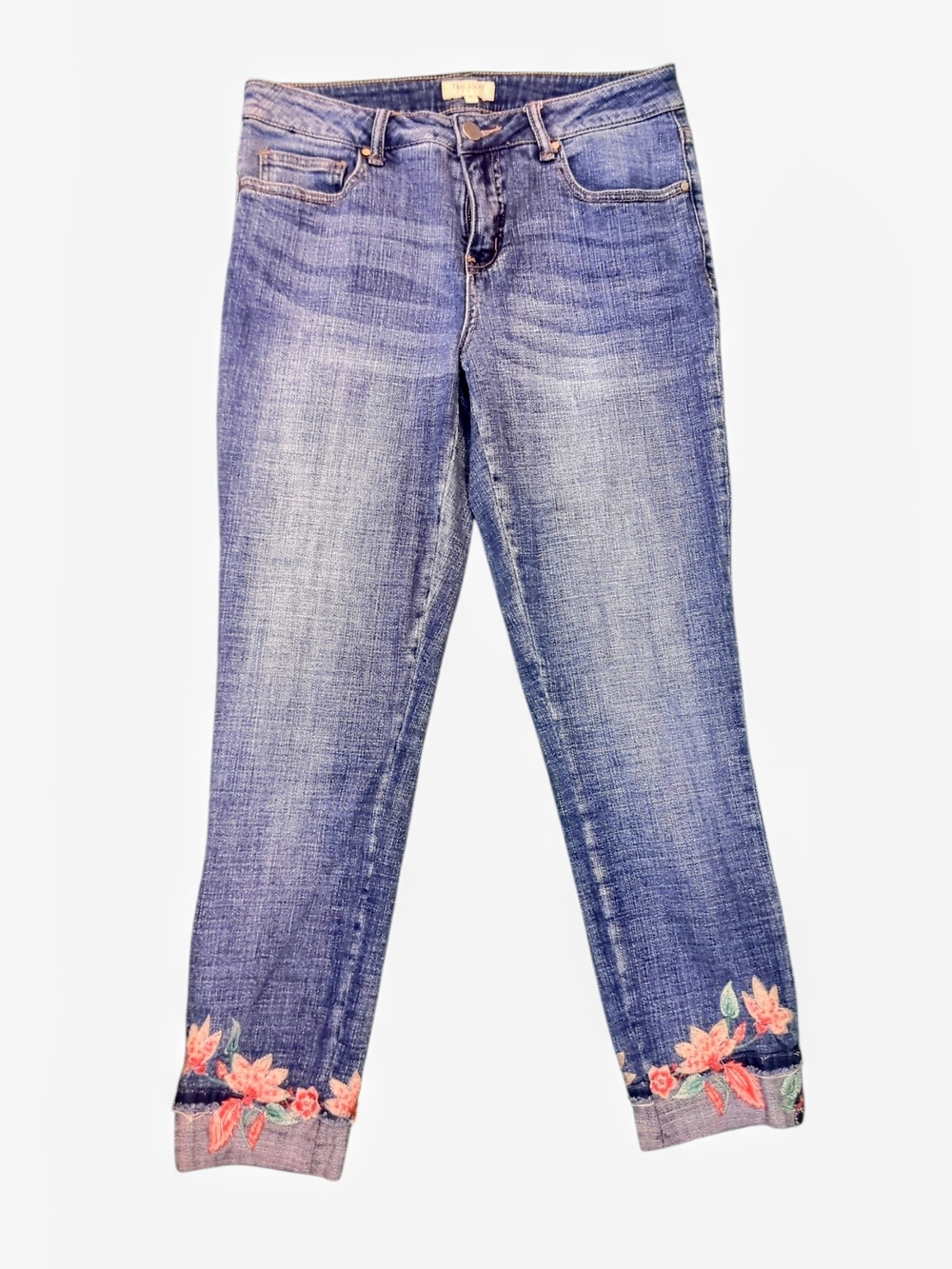 Tru Luxe Jeans Size 6 Cropped Floral Embroidered Hem Ankle Cottage Festival